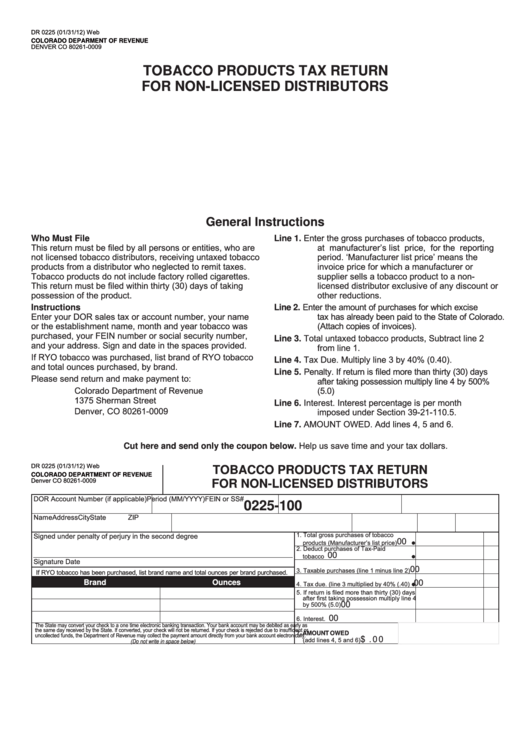 Fillable Form Dr 0225 - Tobacco Products Tax Return For Non-Licensed Distributors Printable pdf
