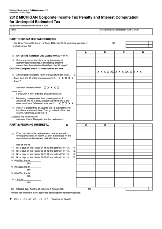 Form 4899 - Michigan Corporate Income Tax Penalty And Interest Computation For Underpaid Estimated Tax - 2012 Printable pdf
