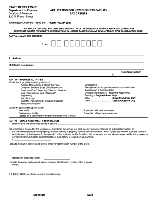 Fillable Form 402ap 9901 - Application For New Business Facility Tax Credits Printable pdf