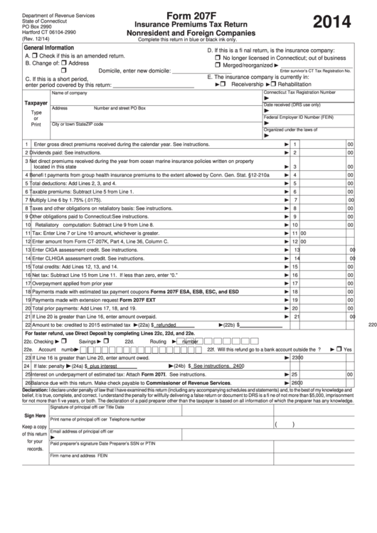 Form 207f - Insurance Premiums Tax Return Nonresident And Foreign Companies - 2014 Printable pdf