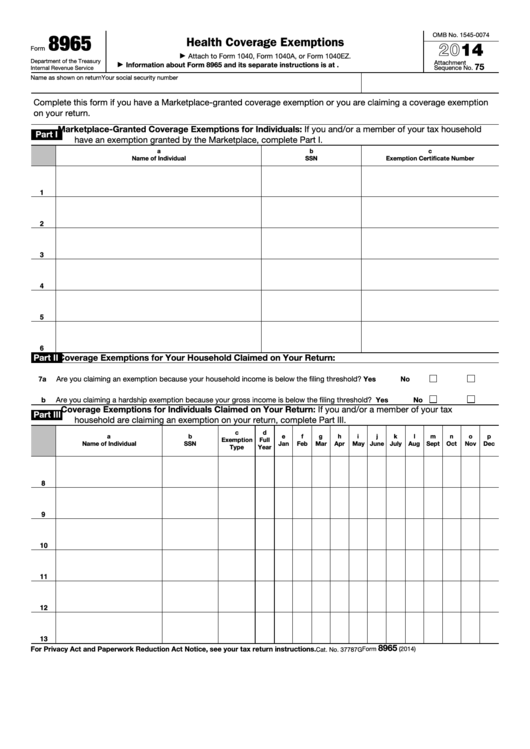 Fillable Form 8965 - Health Coverage Exemptions - 2014 Printable pdf