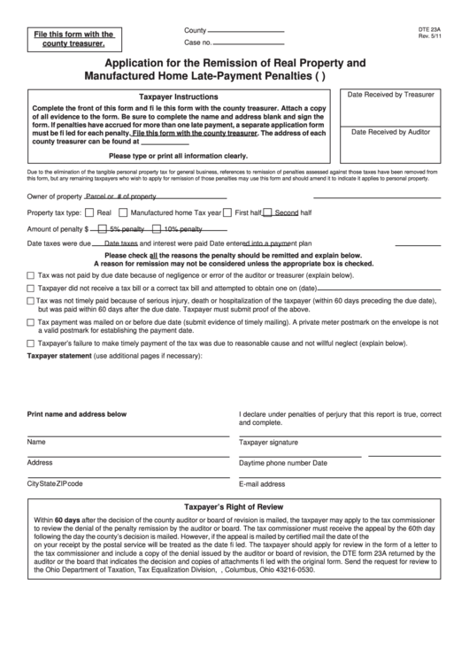 Fillable Form Dte 23a - Application For The Remission Of Real Property And Manufactured Home Late-Payment Penalties (R.c. 5715.39) Printable pdf