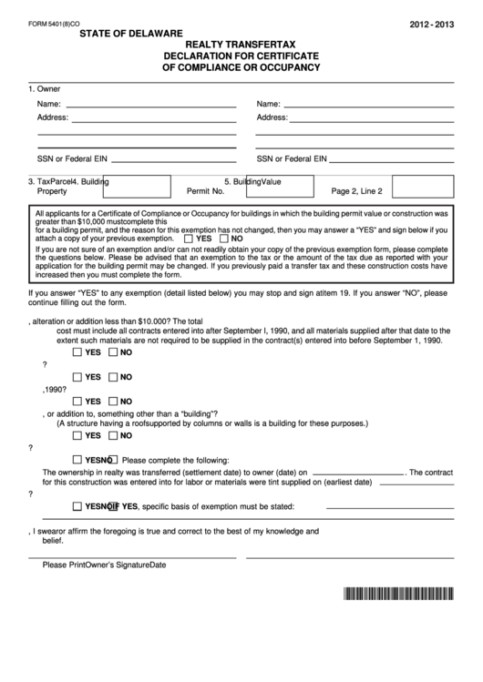 Fillable Form 5401(8)co - Realty Transfer Tax Declaration For Certificate Of Compliance Or Occupancy - 2012-2013 Printable pdf
