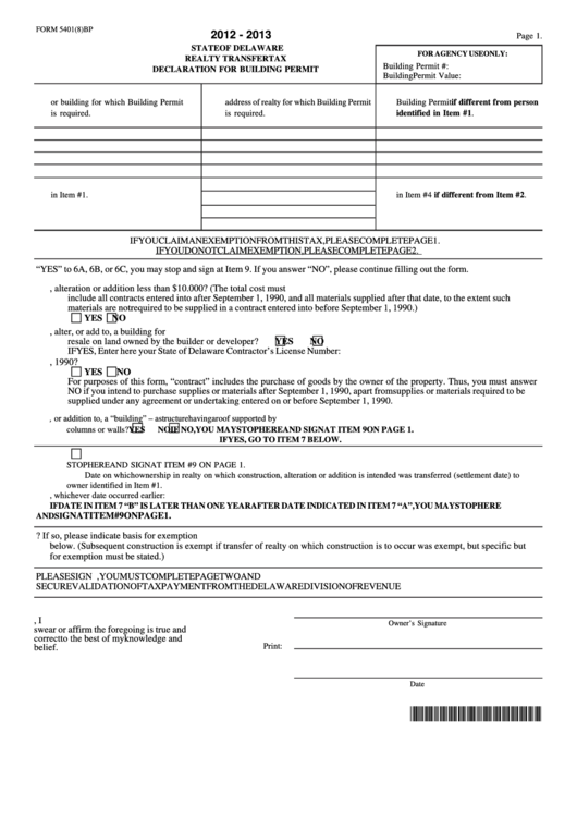 Fillable Form 5401(8)bp - Realty Transfer Tax Declaration For Building Permit - 2012 - 2013 Printable pdf