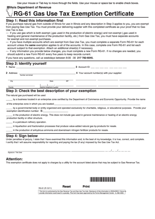 Fillable Form Rg-61 - Gas Use Tax Exemption Certificate Printable pdf