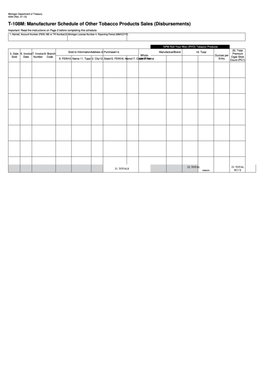 Fillable Form 4344 - T-108m Manufacturer Schedule Of Other Tobacco Products Sales (Disbursements) Printable pdf