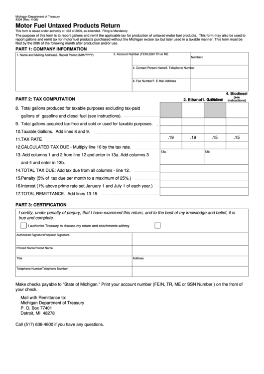 Fillable Form 4334 - Motor Fuel Untaxed Products Return Printable pdf