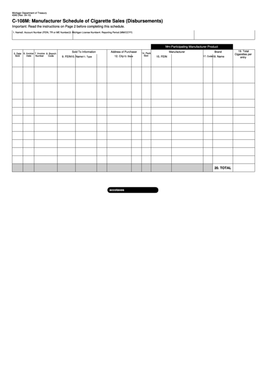 Fillable Form 4345 - C-108m Manufacturer Schedule Of Cigarette Sales (Disbursements) Printable pdf