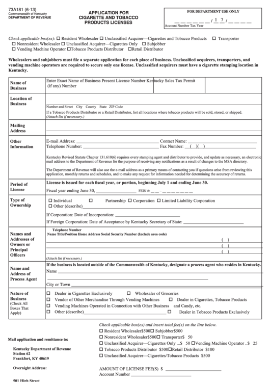 Fillable Form 73a181- Application For Cigarette And Tobacco Products Licenses Printable pdf