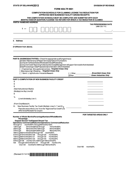 Fillable Form 402ltr 9901 - Computation Schedule For Claiming License Tax Reduction For Approved New Business Facility Gross Receipts Printable pdf