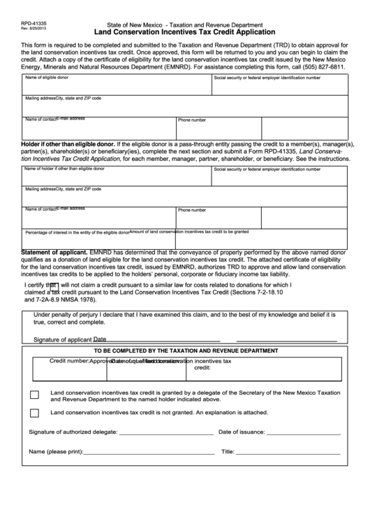 Form Rpd-41335 - Land Conservation Incentives Tax Credit Application Printable pdf
