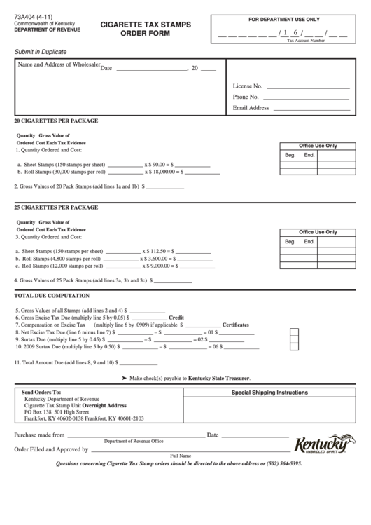 Fillable Form 73a404 - Cigarette Tax Stamps Order Form Printable pdf