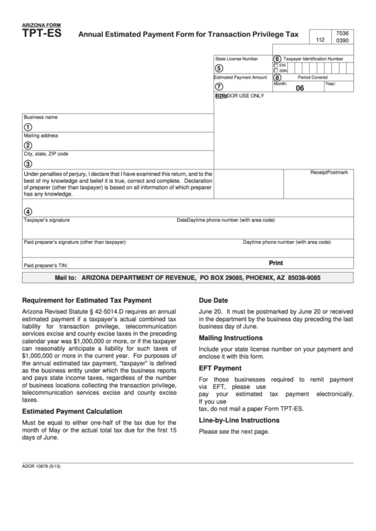 Fillable Arizona Form Tpt-Es - Annual Estimated Payment Form For Transaction Privilege Tax Printable pdf