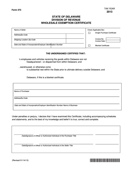 Fillable Form 373 - Wholesale Exemption Certificate - 2013 Printable pdf