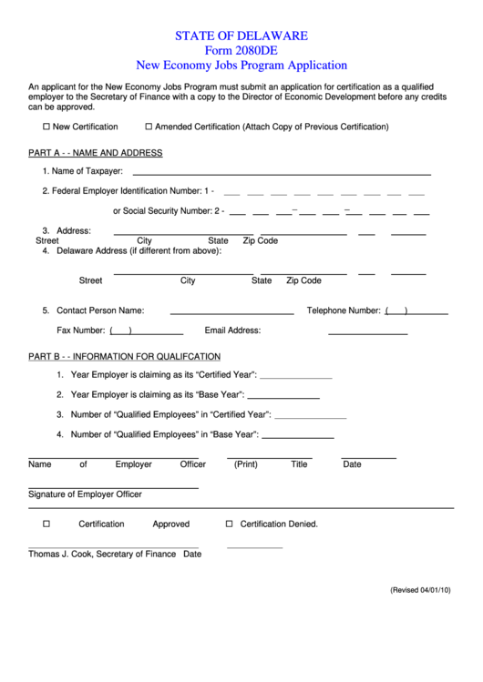 Fillable Form 2080de - New Economy Jobs Program Application Printable pdf