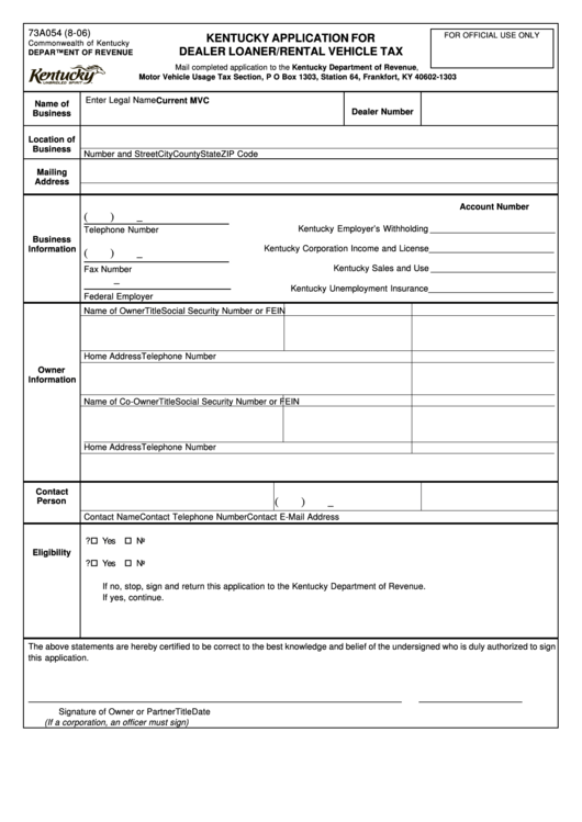 Form 73a054 - Kentucky Application For Dealer Loaner/rental Vehicle Tax Printable pdf