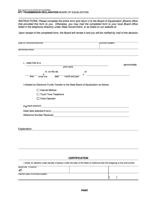 Fillable Form Boe-129-Eft - Eft Transmission Declaration Printable pdf