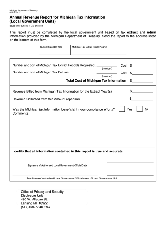 Fillable Form 4262 - Annual Revenue Report For Michigan Tax Information (Local Government Units) Printable pdf
