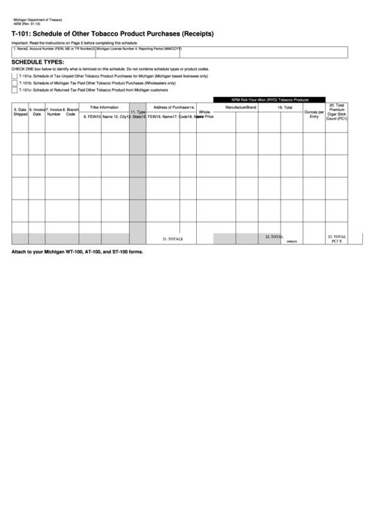 Form 4259 - T-101 Schedule Of Other Tobacco Product Purchases (Receipts) Printable pdf