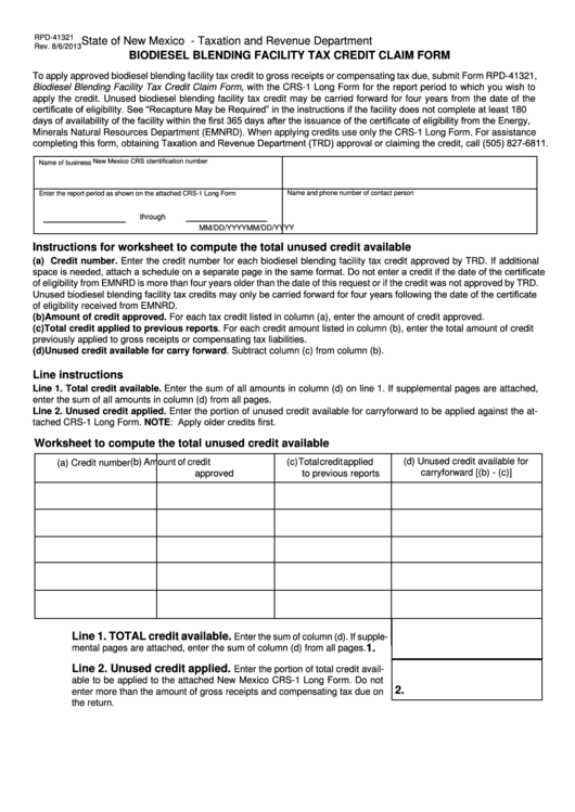 Fillable Form Rpd-41321 - Biodiesel Blending Facility Tax Credit Claim Form Printable pdf