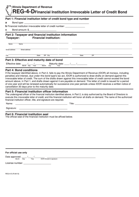 Form Reg-4-D - Financial Institution Irrevocable Letter Of Credit Bond Printable pdf