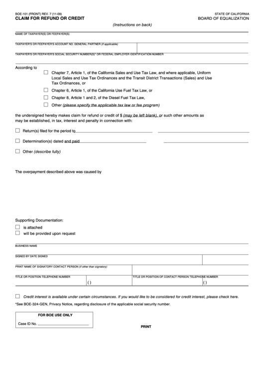 Fillable Form Boe-101 - Claim For Refund Or Credit Printable pdf