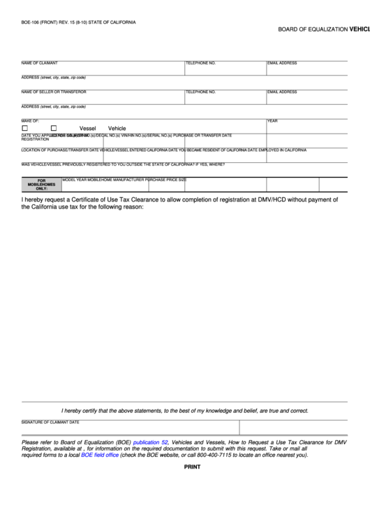 Fillable Form Boe-10 - Vehicle/vessel Use Tax Clearance Request Printable pdf