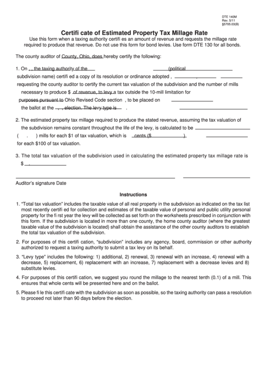 Fillable Form Dte 140m - Certifi Cate Of Estimated Property Tax Millage Rate Printable pdf