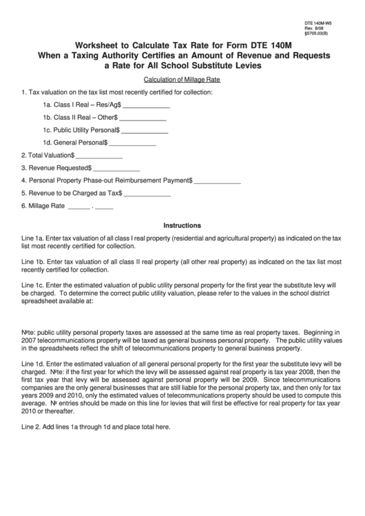 Fillable Form Dte 140m-W5 - Worksheet To Calculate Tax Rate For Form Dte 140m Printable pdf