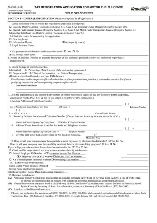 Form 72a300 - Tax Registration Application For Motor Fuels License Printable pdf
