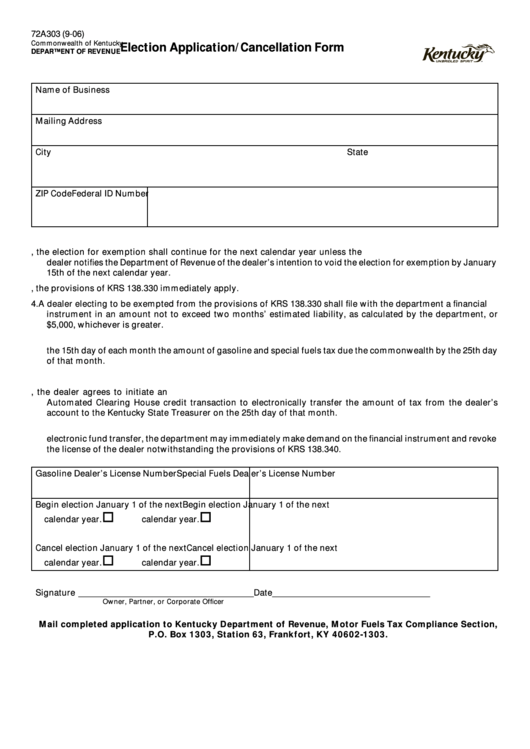 Form 72a303 - Election Application/cancellation Form Printable pdf