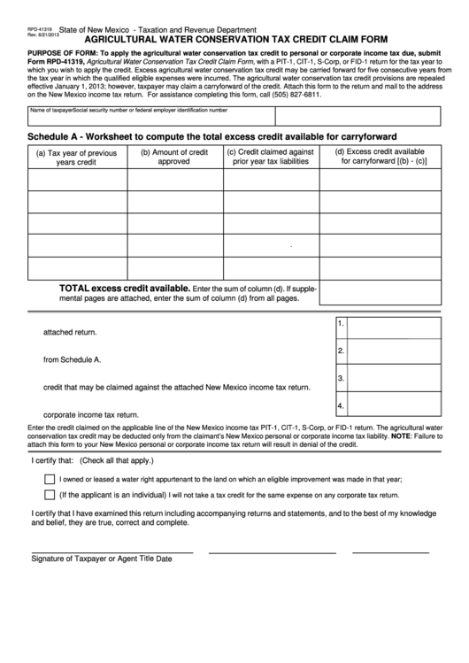 Fillable Form Rpd-41319 - Agricultural Water Conservation Tax Credit Claim Form Printable pdf