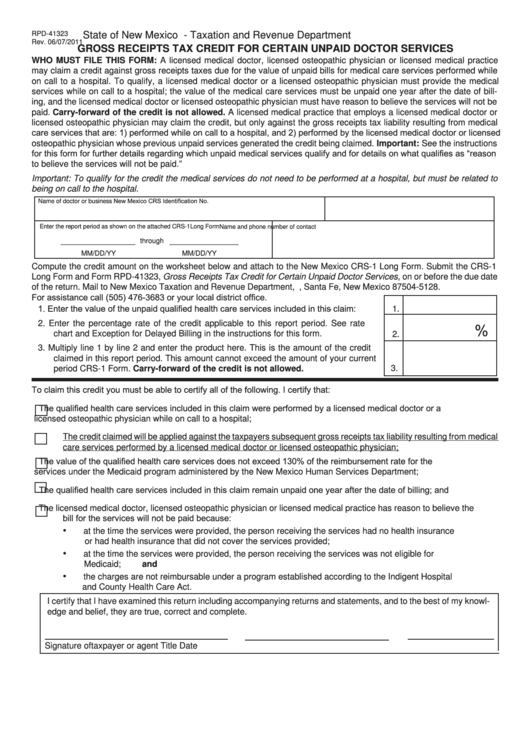 Form Rpd-41323 - Gross Receipts Tax Credit For Certain Unpaid Doctor Services Printable pdf