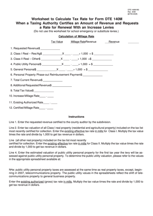 Fillable Form Dte 140m-W3 - Worksheet To Calculate Tax Rate For Form Dte 140m Printable pdf
