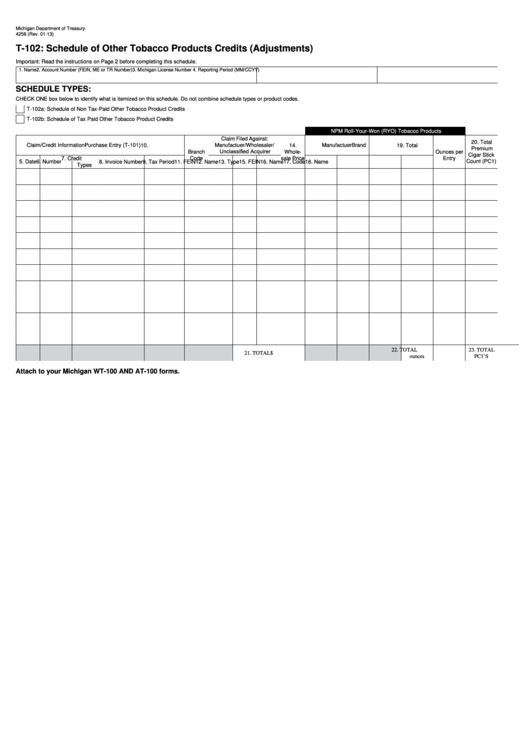 Form 4258 - T-102 Schedule Of Other Tobacco Products Credits (Adjustments) Printable pdf