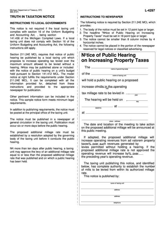 Form 868 - Notice Of Public Hearing On Increasing Property Taxes Printable pdf