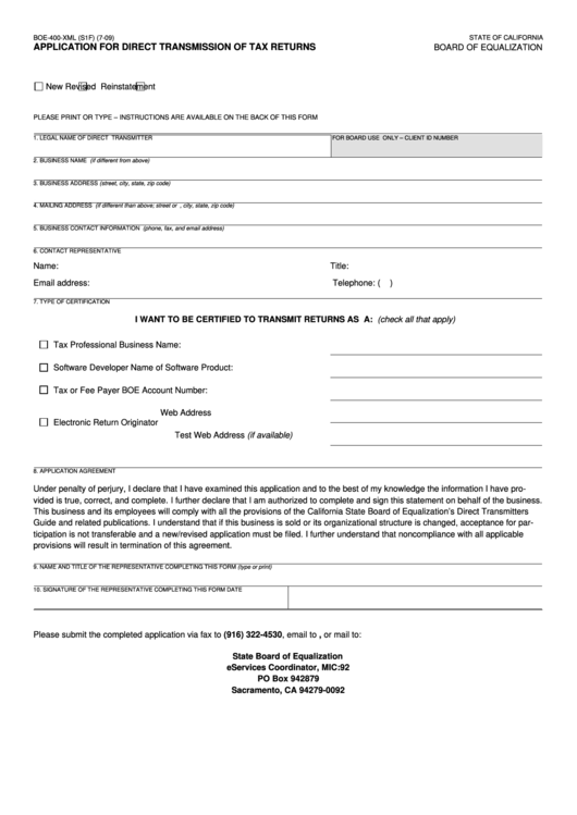Fillable Form Boe-400-Xml - Application For Direct Transmission Of Tax Returns Printable pdf