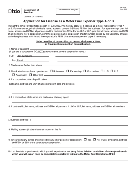 Fillable Form Mf 204 - Application For License As A Motor Fuel Exporter Type A Or B Printable pdf