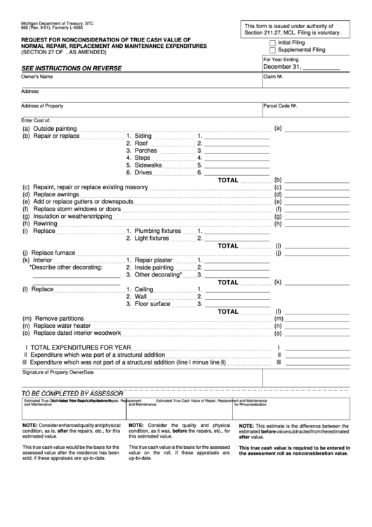 Form 865 - Request For Nonconsideration Of True Cash Value Of Normal Repair, Replacement And Maintenance Expenditures Printable pdf