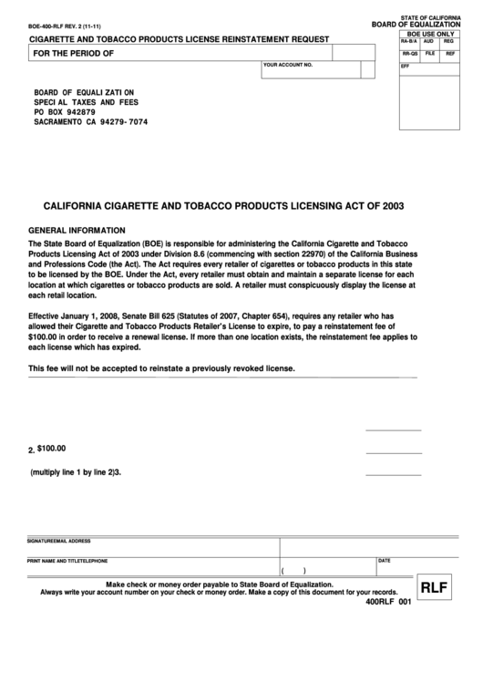 Fillable Form Boe-400-Rlf - Cigarette And Tobacco Products License Reinstatement Request Printable pdf