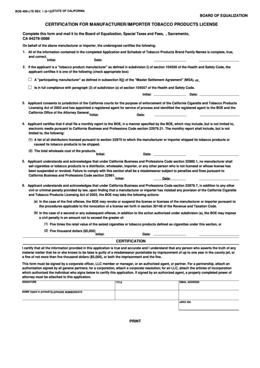 Fillable Form Boe-400-Lte - Certification For Manufacturer/importer Tobacco Products License Printable pdf