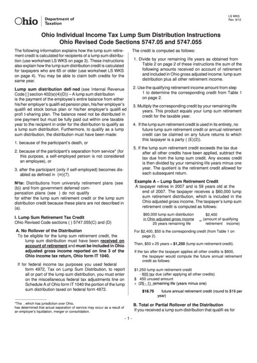 Form Ls Wks - Ohio Individual Income Tax Lump Sum Distribution Instructions Printable pdf