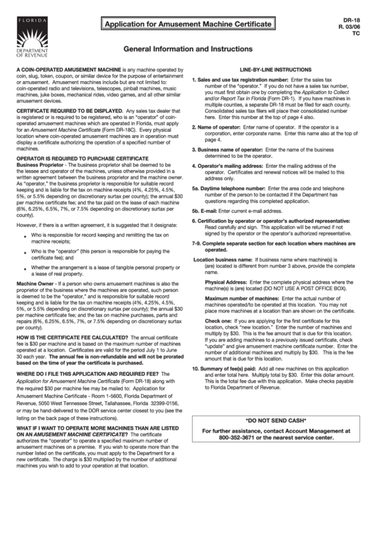 Form Dr-18 - Application For Amusement Machine Certificate Printable pdf