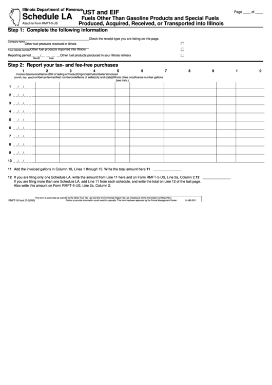 Schedule La (Form Rmft-16) - Ust And Eif Fuels Other Than Gasoline Products And Special Fuels Produced, Acquired, Received, Or Transported Into Illinois Printable pdf