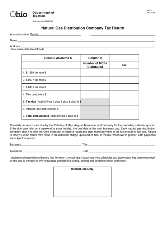 Fillable Form Mcf 2 - Natural Gas Distribution Company Tax Return Printable pdf