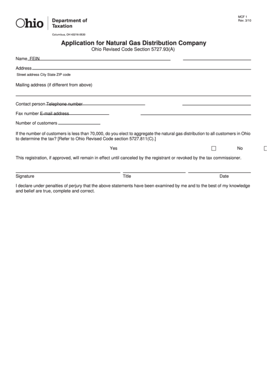 Fillable Form Mcf 1 - Application For Natural Gas Distribution Company Printable pdf