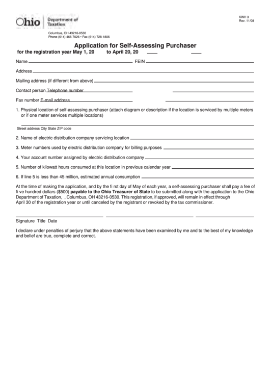 Fillable Form Kwh 3 - Application For Self-Assessing Purchaser Printable pdf