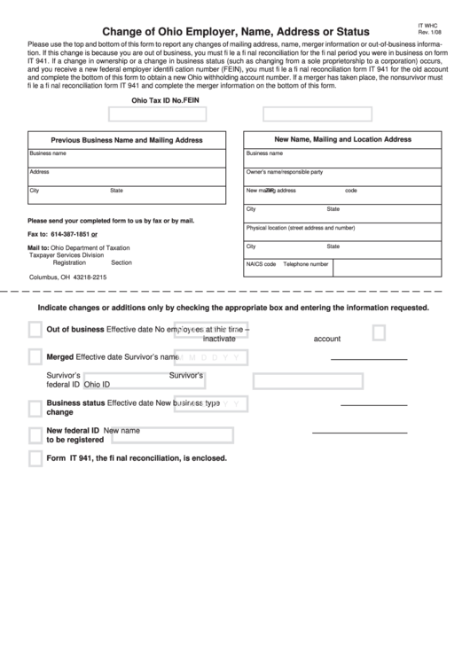 Fillable Form It Whc - Change Of Ohio Employer, Name, Address Or Status Printable pdf