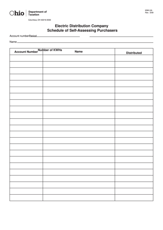 Fillable Form Kwh 2a - Electric Distribution Company Schedule Of Self-Assessing Purchasers Printable pdf