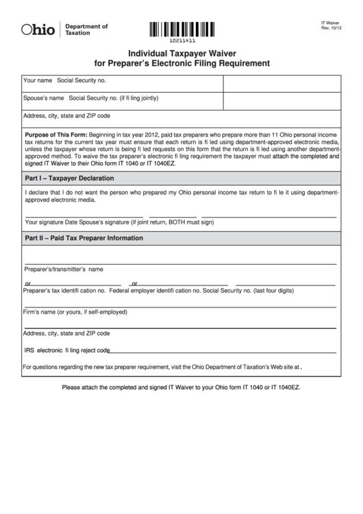 Fillable Form It Waiver - Individual Taxpayer Waiver For Preparer